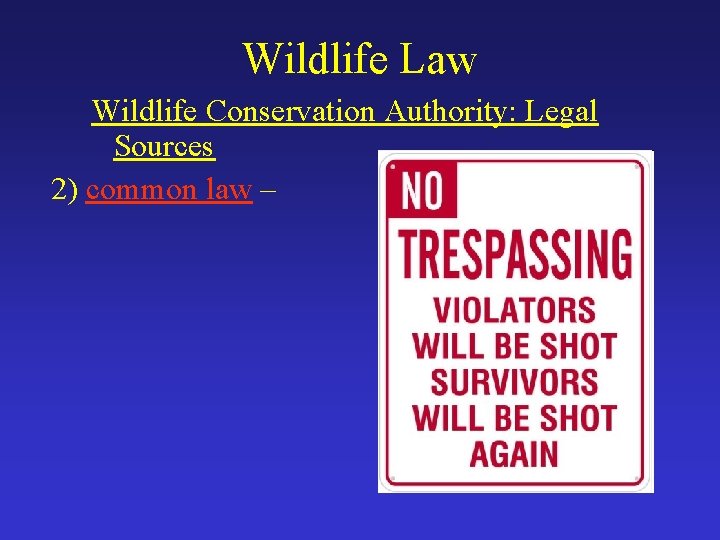 Wildlife Law Wildlife Conservation Authority: Legal Sources 2) common law – 