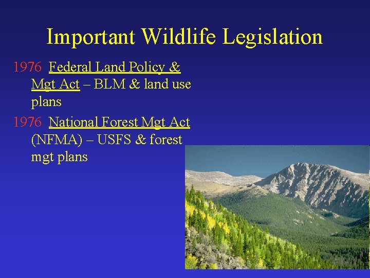 Important Wildlife Legislation 1976 Federal Land Policy & Mgt Act – BLM & land