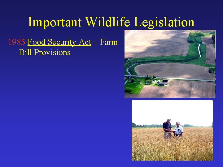 Important Wildlife Legislation 1985 Food Security Act – Farm Bill Provisions 