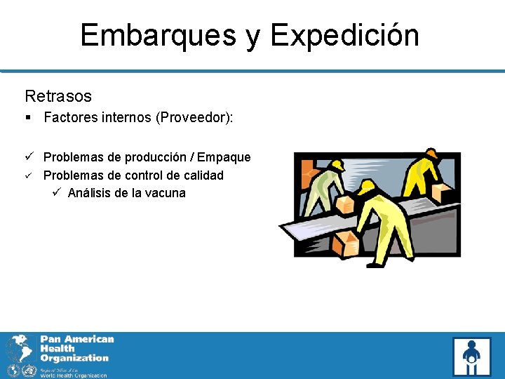 Embarques y Expedición Retrasos § Factores internos (Proveedor): ü Problemas de producción / Empaque