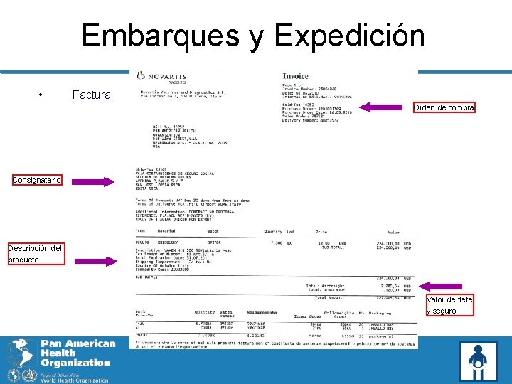 Embarques y Expedición • Factura Orden de compra Consignatario Descripción del producto Valor de