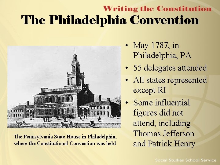 The Philadelphia Convention The Pennsylvania State House in Philadelphia, where the Constitutional Convention was