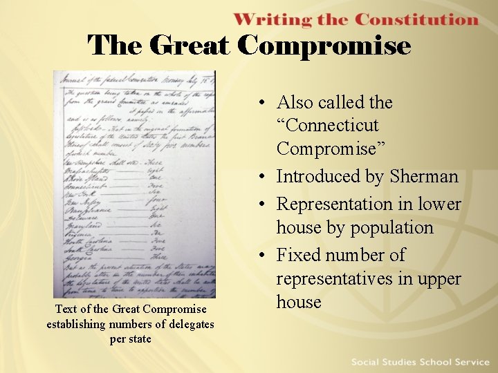 The Great Compromise Text of the Great Compromise establishing numbers of delegates per state