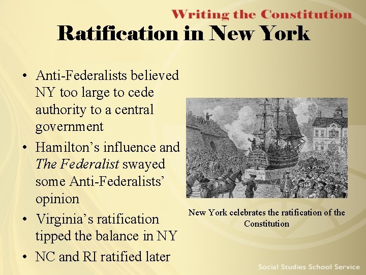 Ratification in New York • Anti-Federalists believed NY too large to cede authority to
