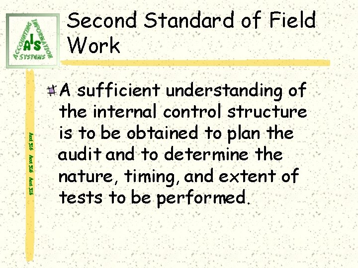 Second Standard of Field Work Acct 316 A sufficient understanding of the internal control