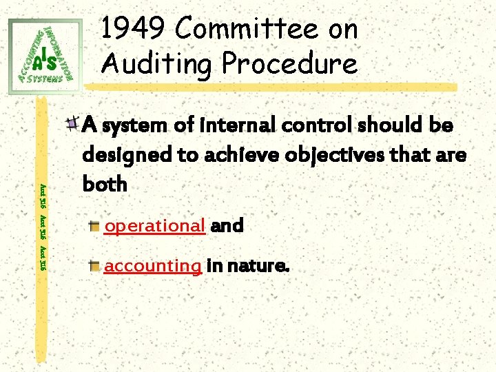 1949 Committee on Auditing Procedure Acct 316 A system of internal control should be