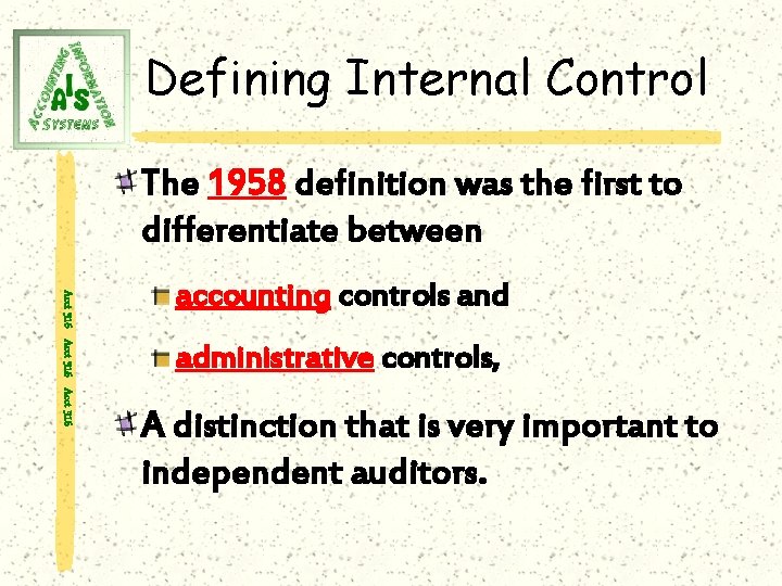 Defining Internal Control The 1958 definition was the first to differentiate between Acct 316