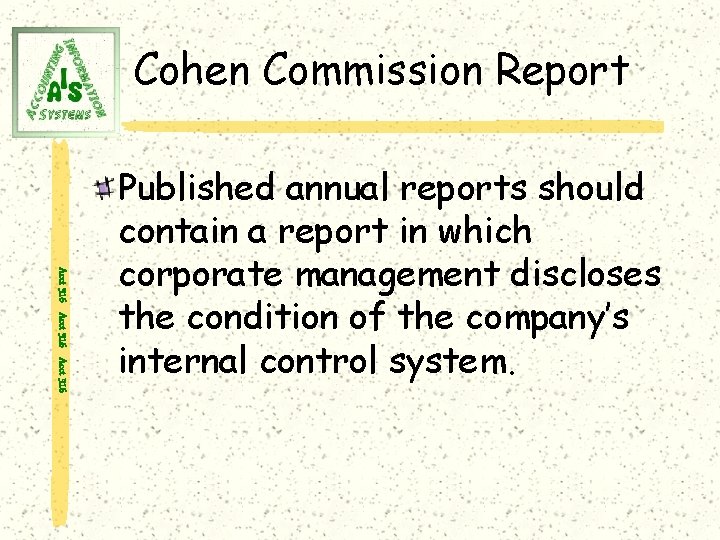 Cohen Commission Report Acct 316 Published annual reports should contain a report in which