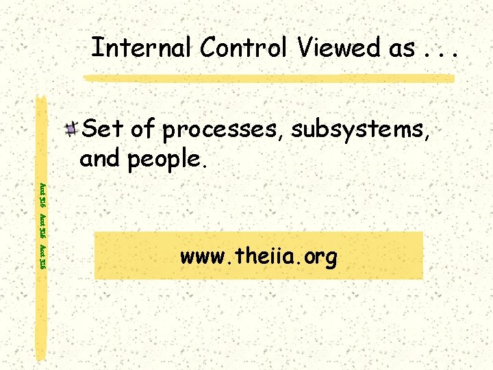 Internal Control Viewed as. . . Set of processes, subsystems, and people. Acct 316