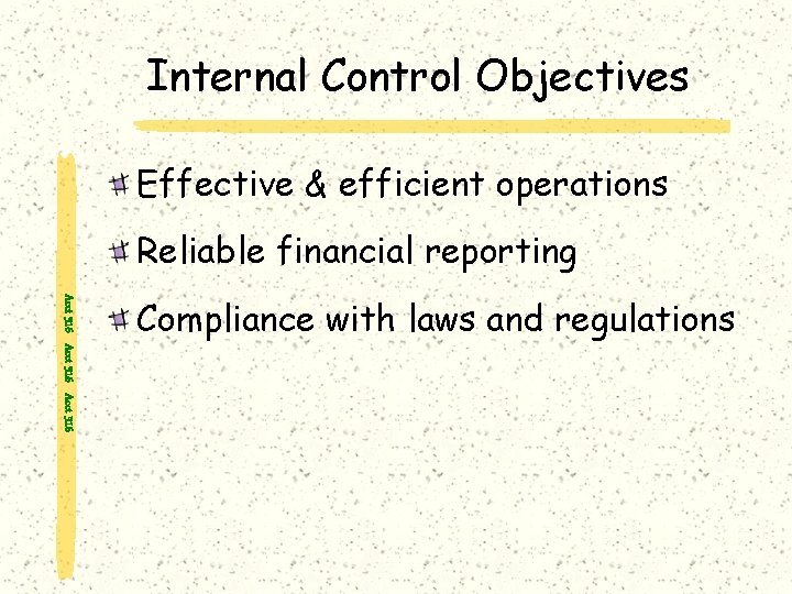 Internal Control Objectives Effective & efficient operations Reliable financial reporting Acct 316 Compliance with