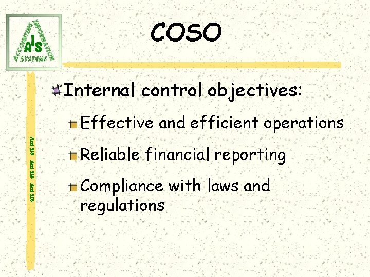 COSO Internal control objectives: Effective and efficient operations Acct 316 Reliable financial reporting Compliance