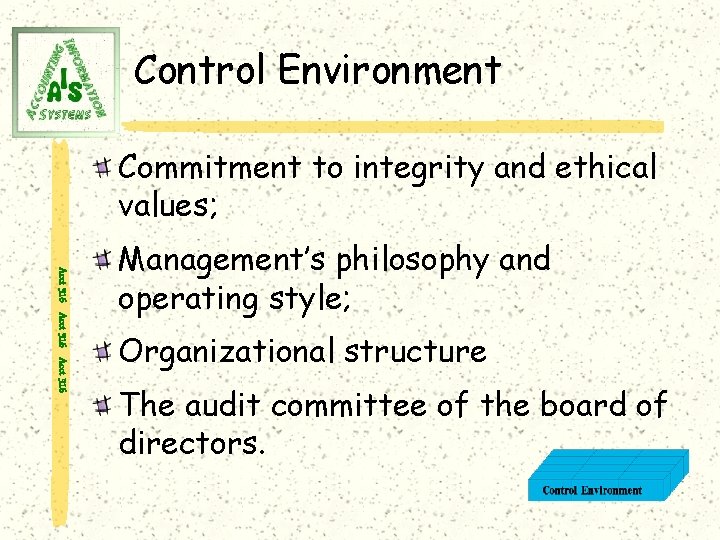 Control Environment Commitment to integrity and ethical values; Acct 316 Management’s philosophy and operating