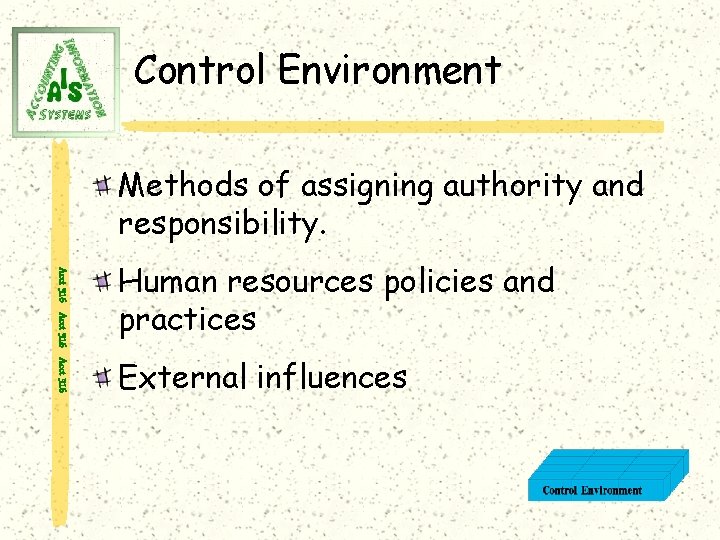 Control Environment Methods of assigning authority and responsibility. Acct 316 Human resources policies and