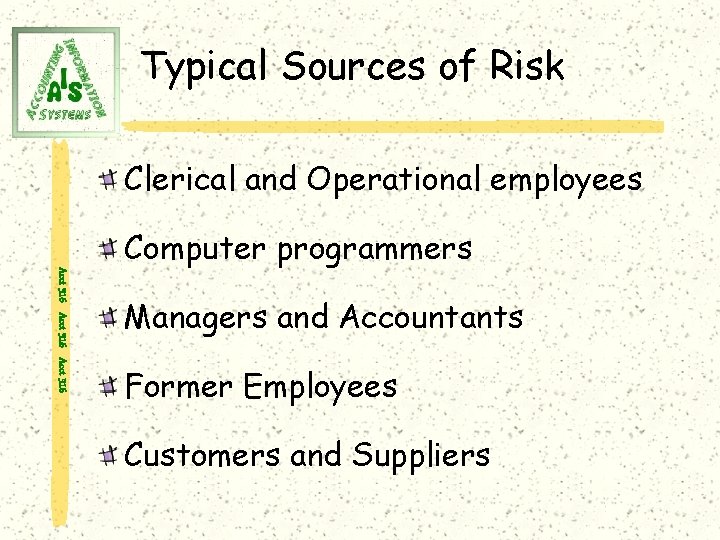 Typical Sources of Risk Clerical and Operational employees Acct 316 Computer programmers Managers and