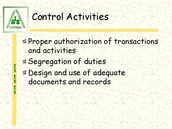 Control Activities Acct 316 Proper authorization of transactions and activities Segregation of duties Design