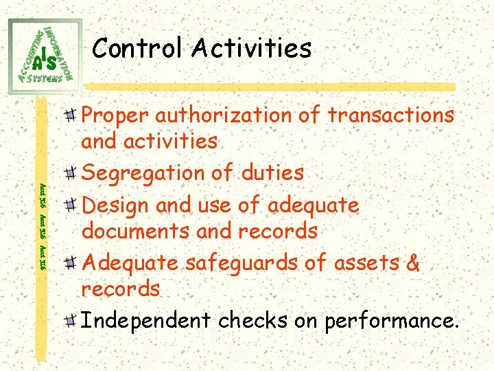 Control Activities Acct 316 Proper authorization of transactions and activities Segregation of duties Design