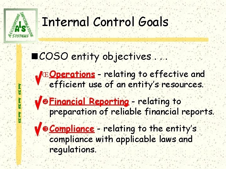Internal Control Goals n COSO entity objectives. . . Œ Operations Acct 316 -