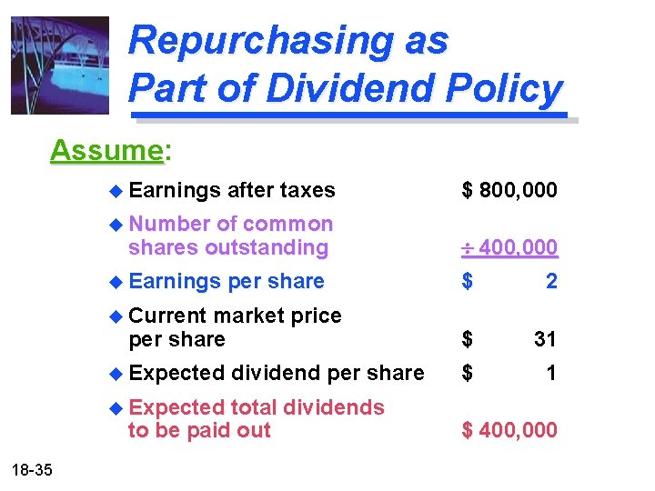 Repurchasing as Part of Dividend Policy Assume: u Earnings after taxes $ 800, 000