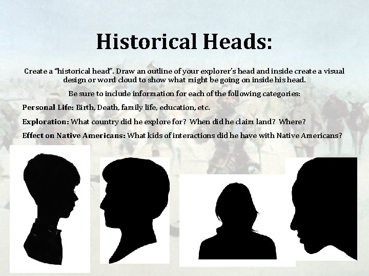 Historical Heads: Create a “historical head”. Draw an outline of your explorer’s head and