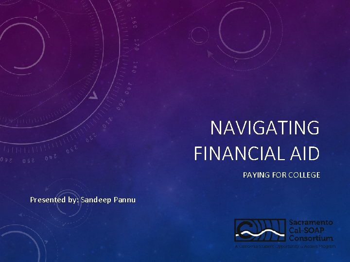 NAVIGATING FINANCIAL AID PAYING FOR COLLEGE Presented by: Sandeep Pannu 