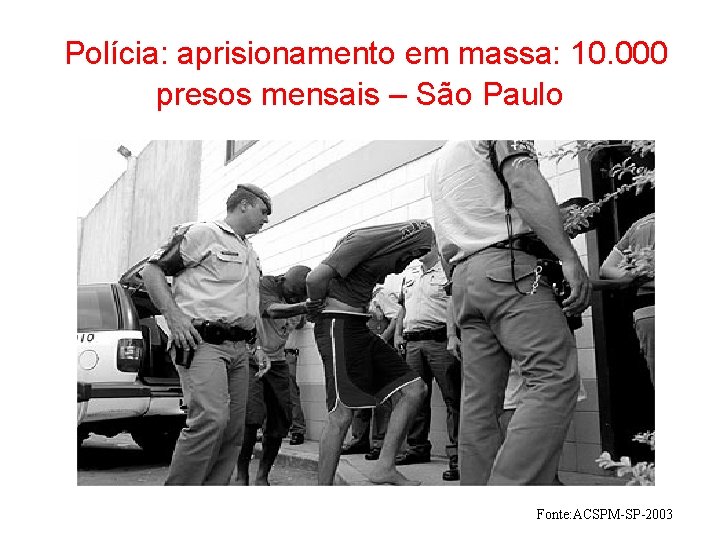 Polícia: aprisionamento em massa: 10. 000 presos mensais – São Paulo Fonte: ACSPM-SP-2003 