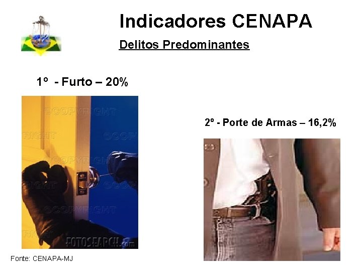 Indicadores CENAPA Delitos Predominantes 1º - Furto – 20% 2º - Porte de Armas