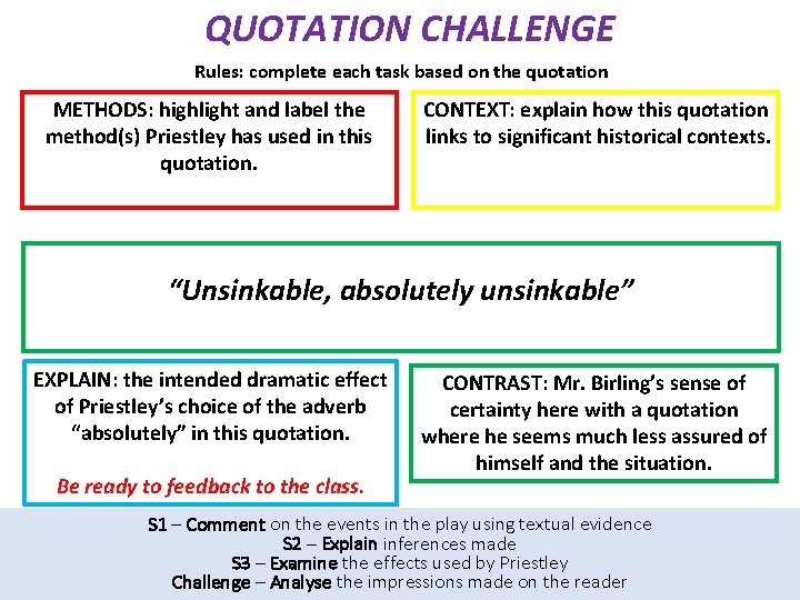 QUOTATION CHALLENGE Rules: complete each task based on the quotation METHODS: highlight and label
