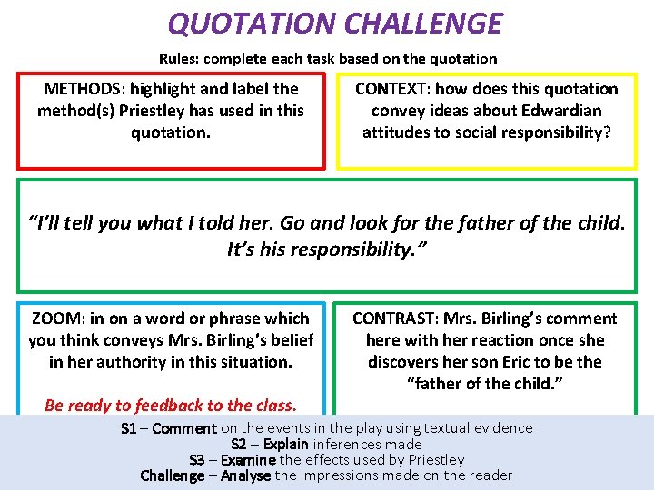 QUOTATION CHALLENGE Rules: complete each task based on the quotation METHODS: highlight and label