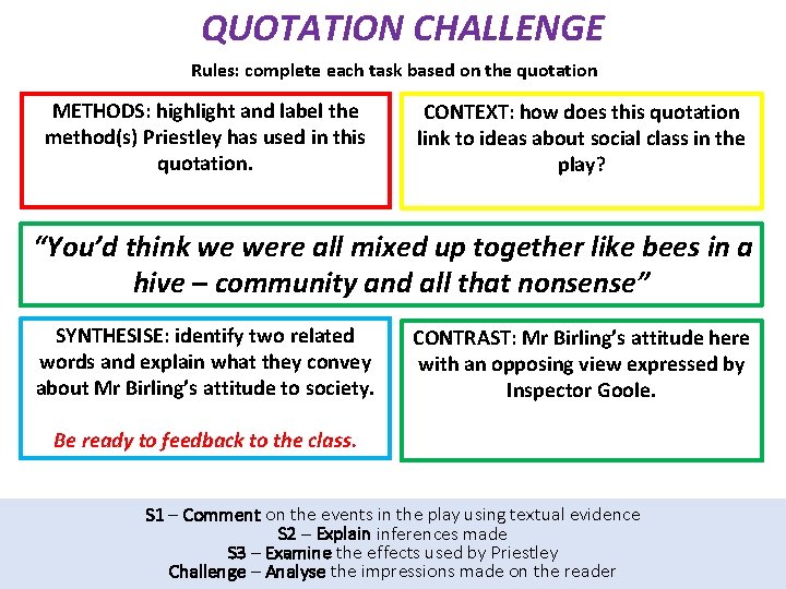 QUOTATION CHALLENGE Rules: complete each task based on the quotation METHODS: highlight and label