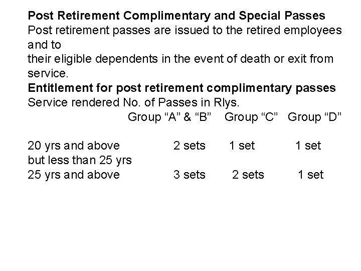 Post Retirement Complimentary and Special Passes Post retirement passes are issued to the retired