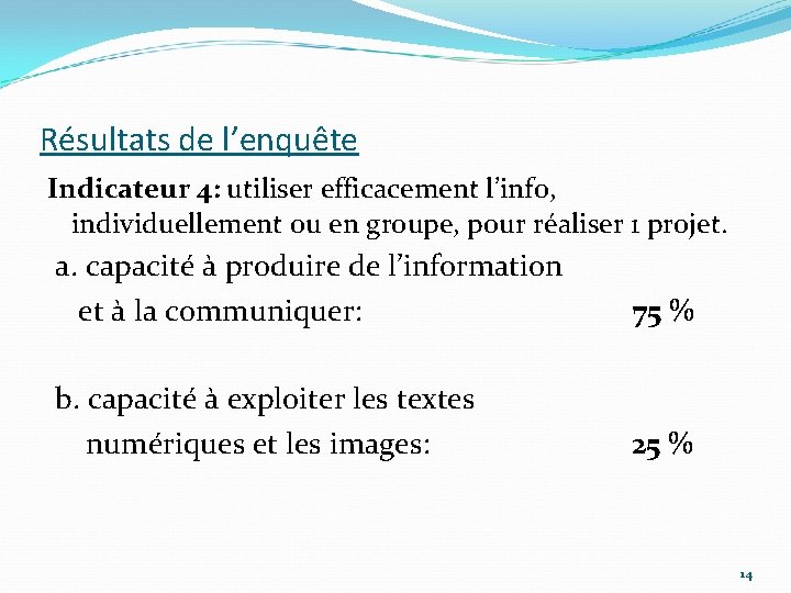 Résultats de l’enquête Indicateur 4: utiliser efficacement l’info, individuellement ou en groupe, pour réaliser