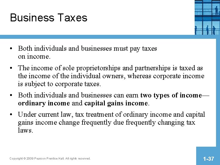 Business Taxes • Both individuals and businesses must pay taxes on income. • The Business Taxes • Both individuals and businesses must pay taxes on income. • The