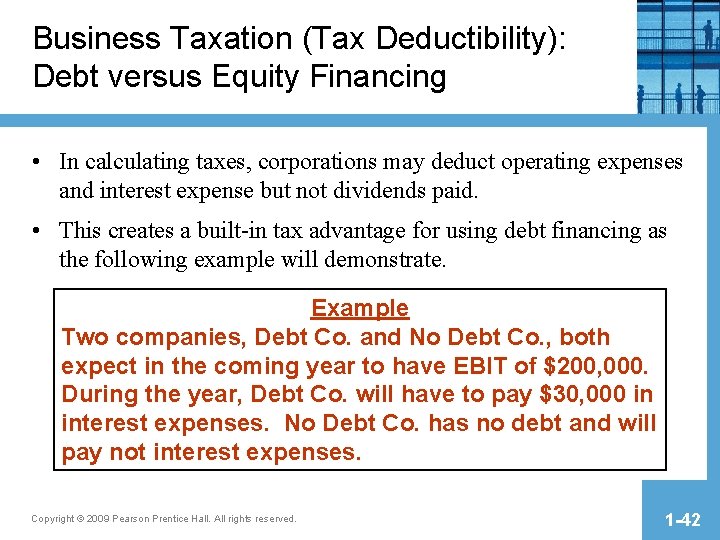 Business Taxation (Tax Deductibility): Debt versus Equity Financing • In calculating taxes, corporations may Business Taxation (Tax Deductibility): Debt versus Equity Financing • In calculating taxes, corporations may