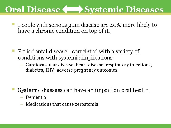 Oral Disease § Systemic Diseases People with serious gum disease are 40% more likely