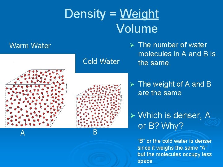 Density = Weight Volume Warm Water A Ø The number of water molecules in