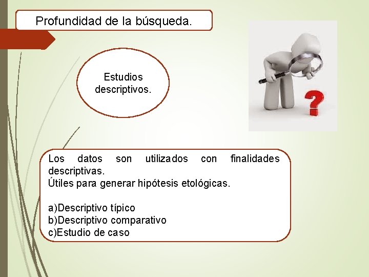 Profundidad de la búsqueda. Estudios descriptivos. Los datos son utilizados con finalidades descriptivas. Útiles