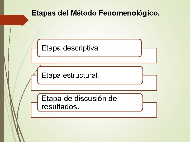 Etapas del Método Fenomenológico. Etapa descriptiva. Etapa estructural. Etapa de discusión de resultados. 