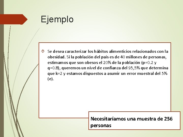 Ejemplo Se desea caracterizar los hábitos alimenticios relacionados con la obesidad. Si la población