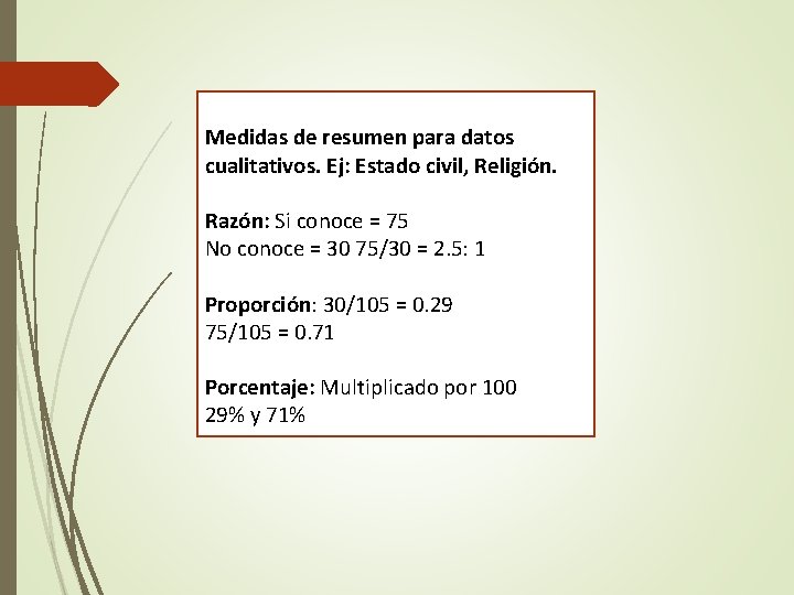 Medidas de resumen para datos cualitativos. Ej: Estado civil, Religión. Razón: Si conoce =