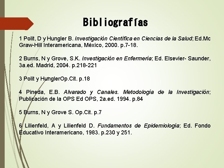 Bibliografías 1 Polit, D y Hungler B. Investigación Científica en Ciencias de la Salud;