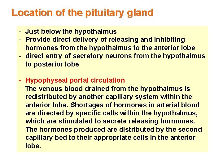Location of the pituitary gland - Just below the hypothalmus - Provide direct delivery