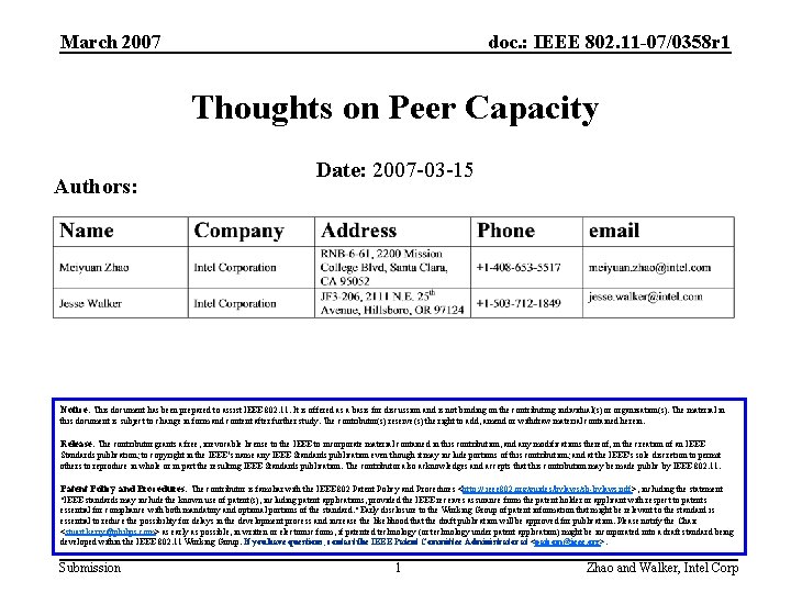 March 2007 doc. : IEEE 802. 11 -07/0358 r 1 Thoughts on Peer Capacity