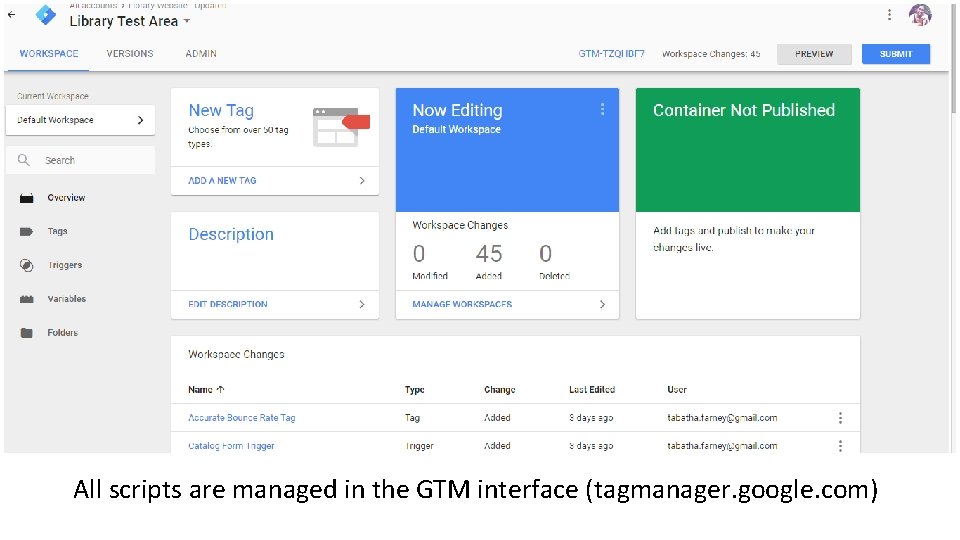 All scripts are managed in the GTM interface (tagmanager. google. com) 