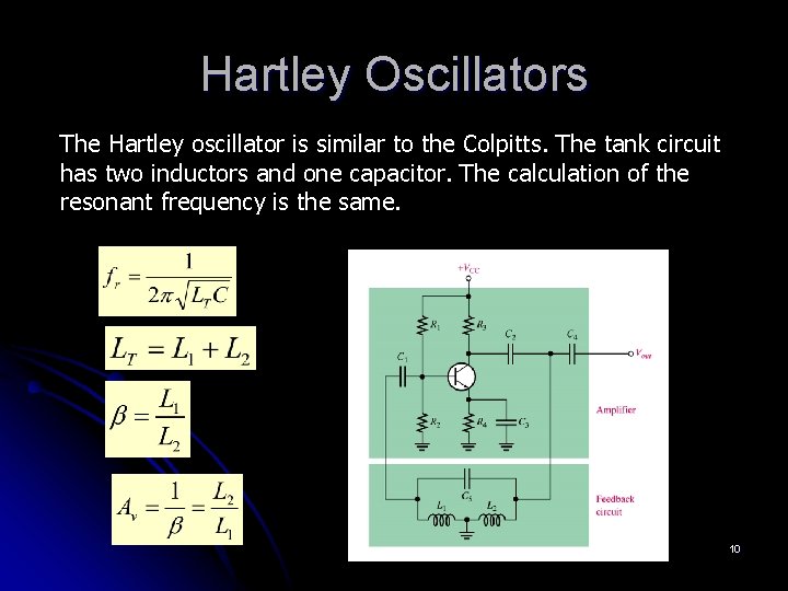 Hartley Oscillators The Hartley oscillator is similar to the Colpitts. The tank circuit has Hartley Oscillators The Hartley oscillator is similar to the Colpitts. The tank circuit has