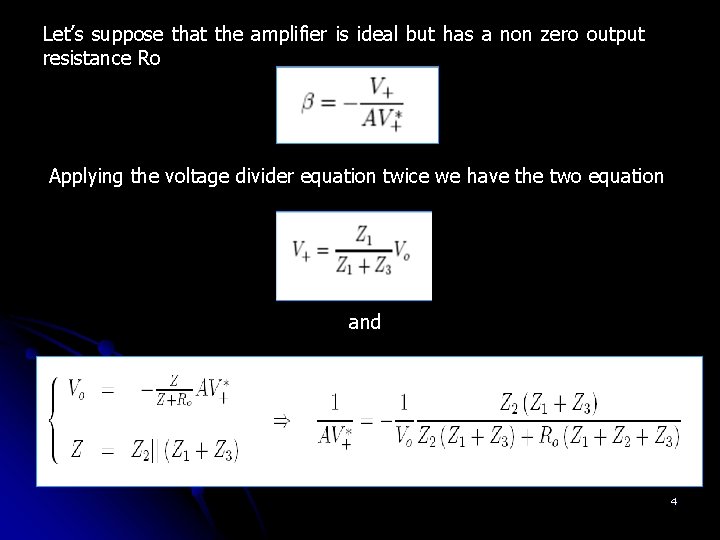 Let’s suppose that the amplifier is ideal but has a non zero output resistance Let’s suppose that the amplifier is ideal but has a non zero output resistance
