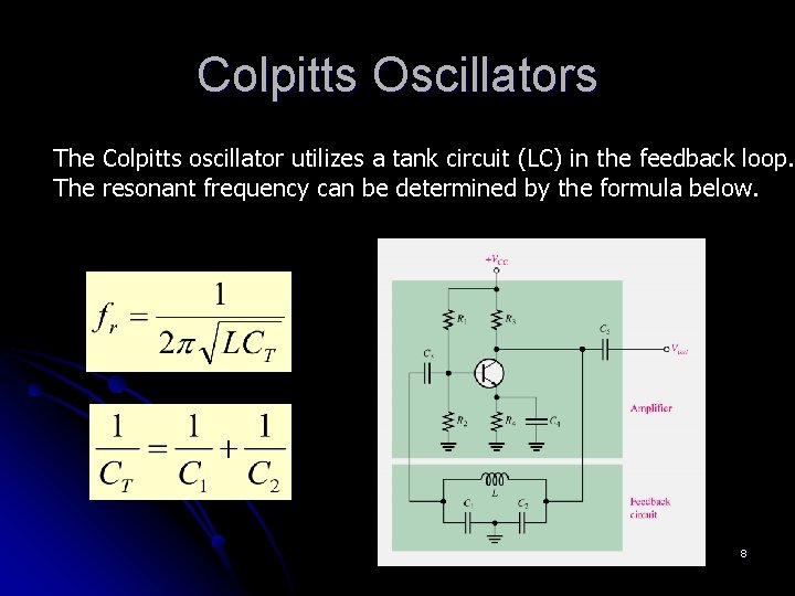 Colpitts Oscillators The Colpitts oscillator utilizes a tank circuit (LC) in the feedback loop. Colpitts Oscillators The Colpitts oscillator utilizes a tank circuit (LC) in the feedback loop.