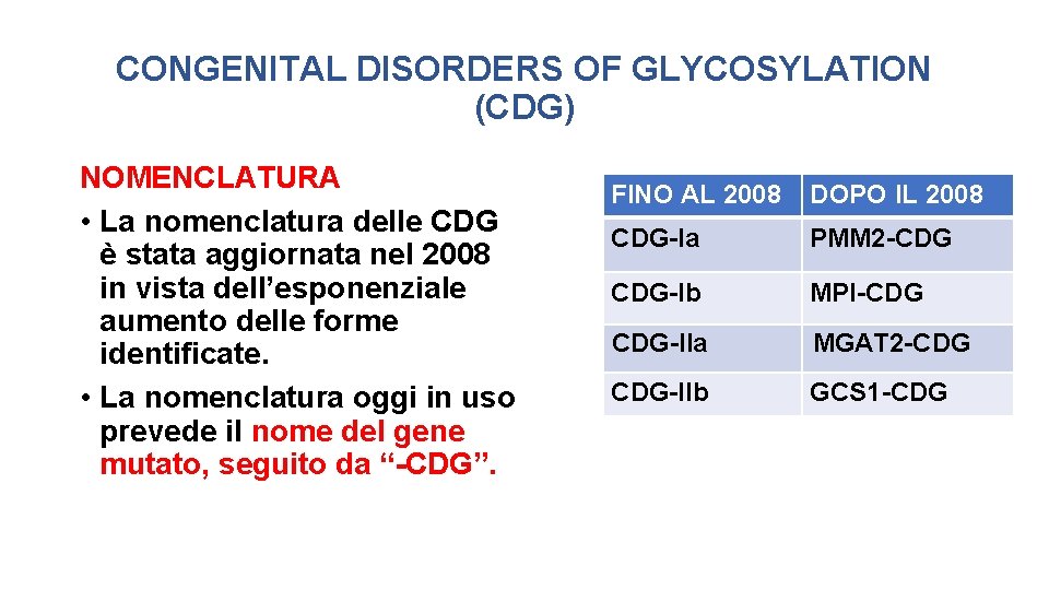 CONGENITAL DISORDERS OF GLYCOSYLATION (CDG) NOMENCLATURA • La nomenclatura delle CDG è stata aggiornata