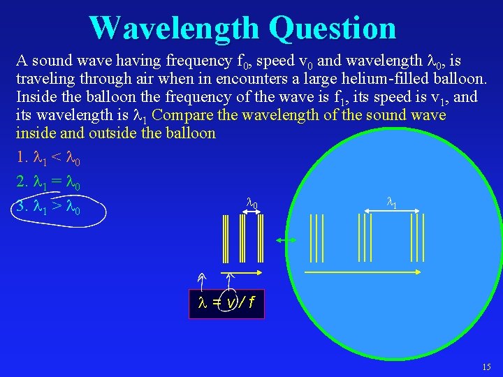 Wavelength Question A sound wave having frequency f 0, speed v 0 and wavelength