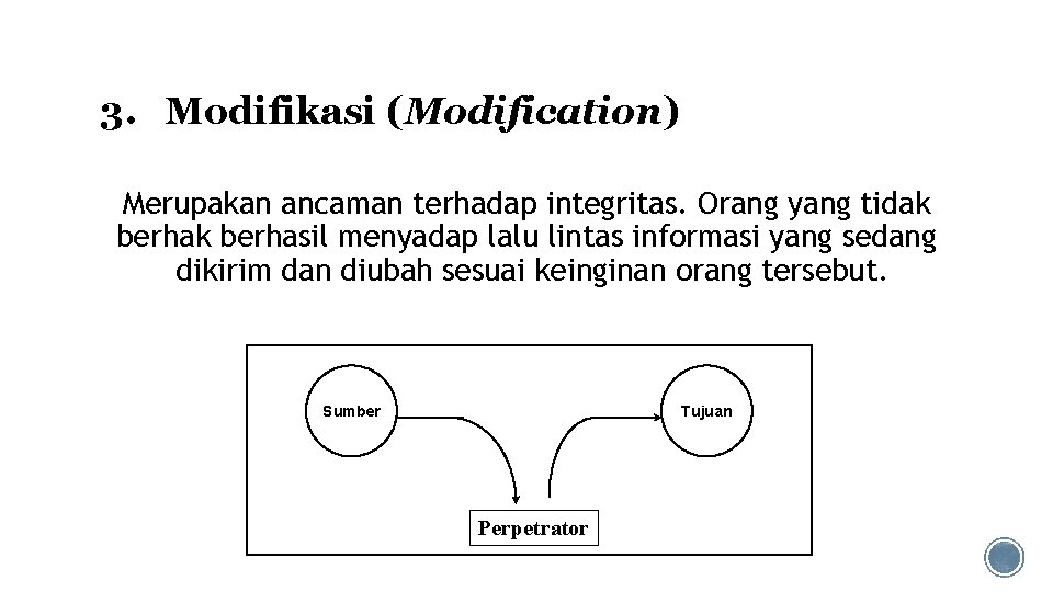 3. Modifikasi (Modification) Merupakan ancaman terhadap integritas. Orang yang tidak berhasil menyadap lalu lintas