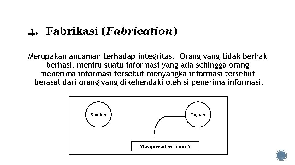 4. Fabrikasi (Fabrication) Merupakan ancaman terhadap integritas. Orang yang tidak berhasil meniru suatu informasi